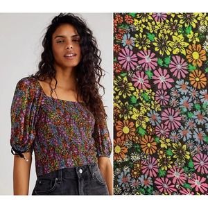 NEW Free People Back On Top Smocked Puff Sleeve Cropped Blouse Black Combo Small